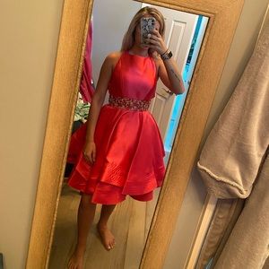 Mac Duggal dress. color: lipstick